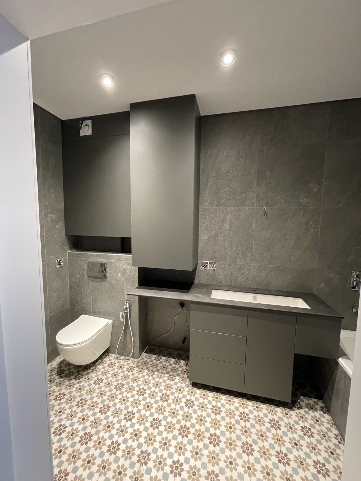 Dark bathroom joinery with vanity and storage