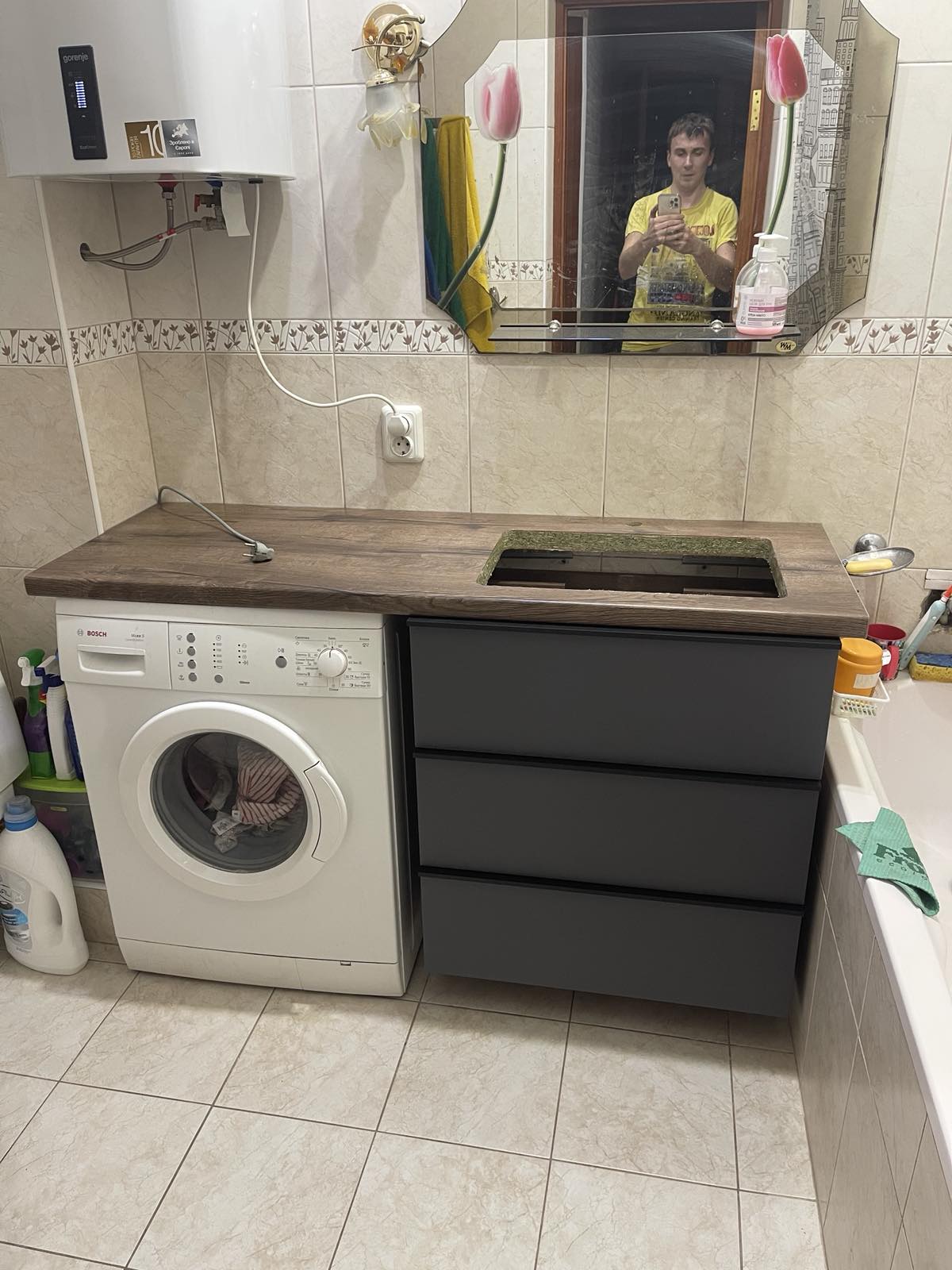 Bathroom laundry cabinet combination with washer space