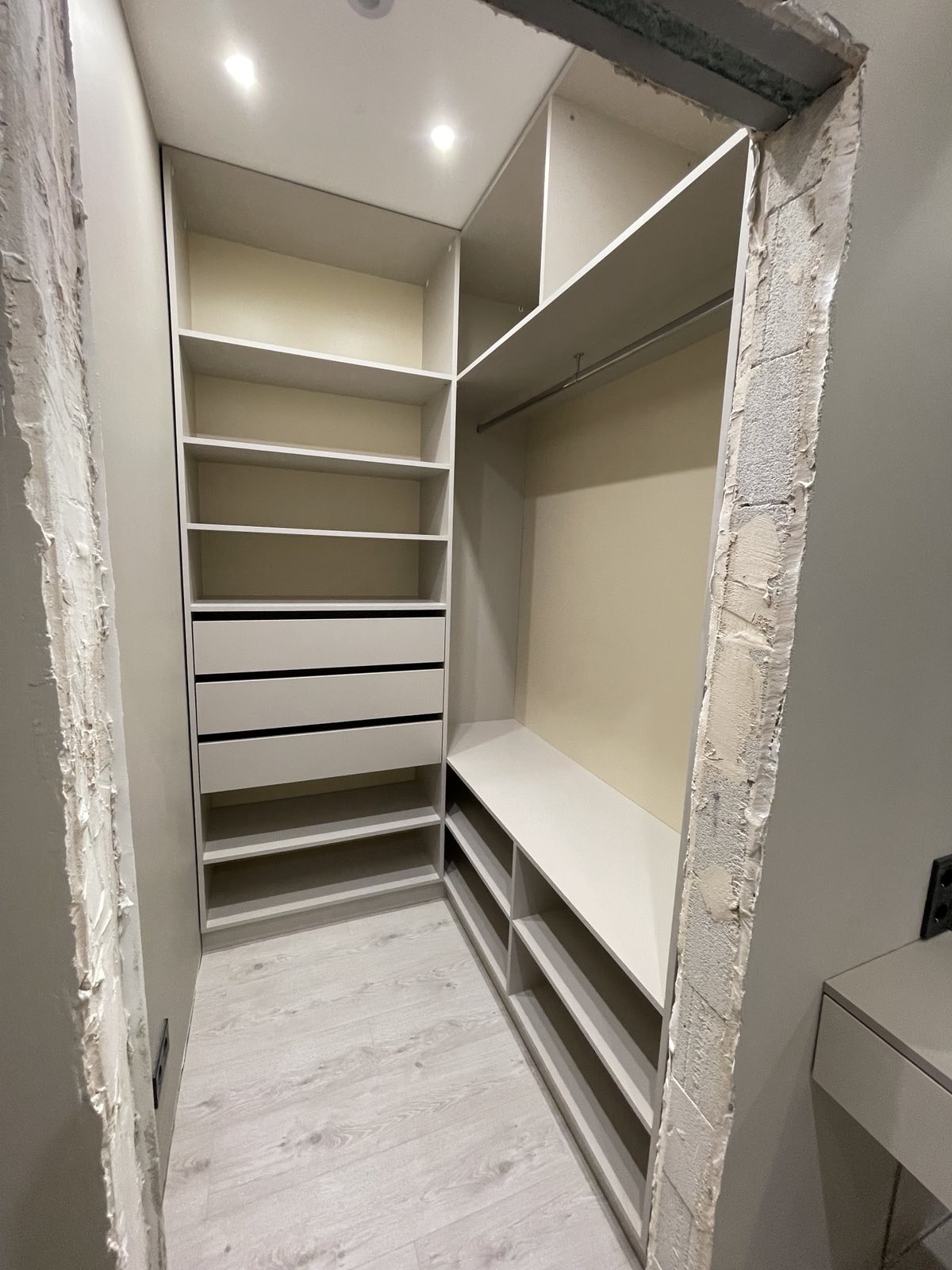 Walk-in wardrobe shelving and hanging storage