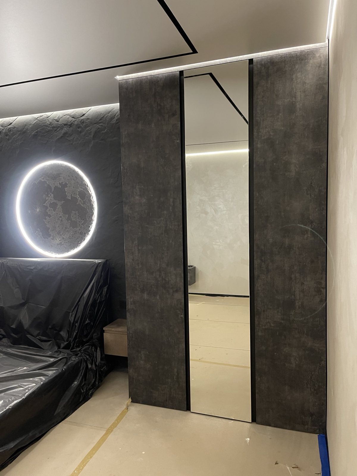 Wardrobe joinery with mirror and open shelving detail
