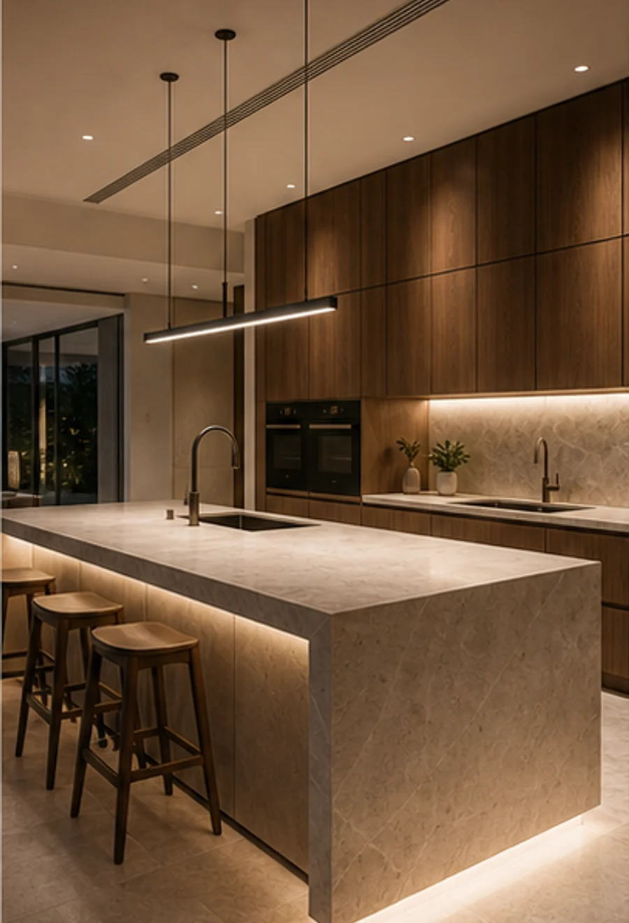 Luxury kitchen joinery with stone island and warm timber cabinetry