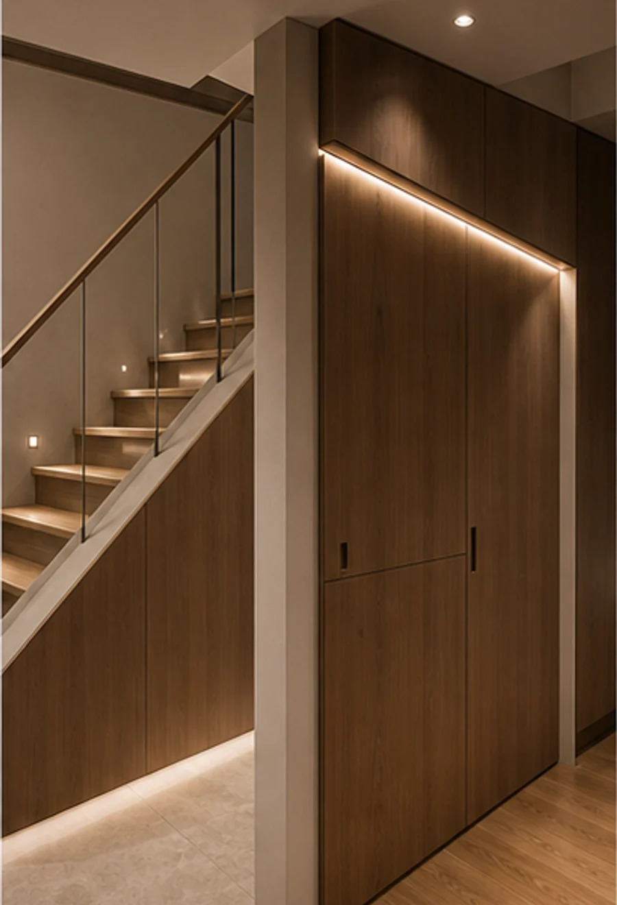 Warm stair joinery and integrated cabinetry with LED lighting